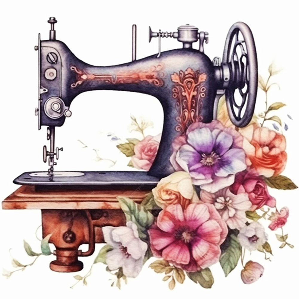 Retro Flower Sewing Machine - 14CT Stamped Cross Stitch 40*40CM