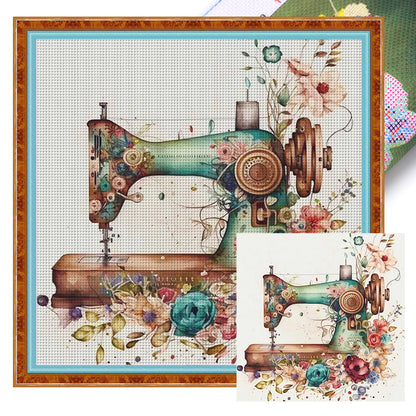 Retro Flower Sewing Machine - 14CT Stamped Cross Stitch 40*40CM