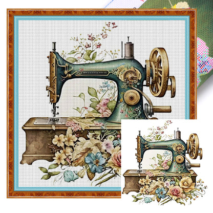 Retro Flower Sewing Machine - 14CT Stamped Cross Stitch 40*40CM