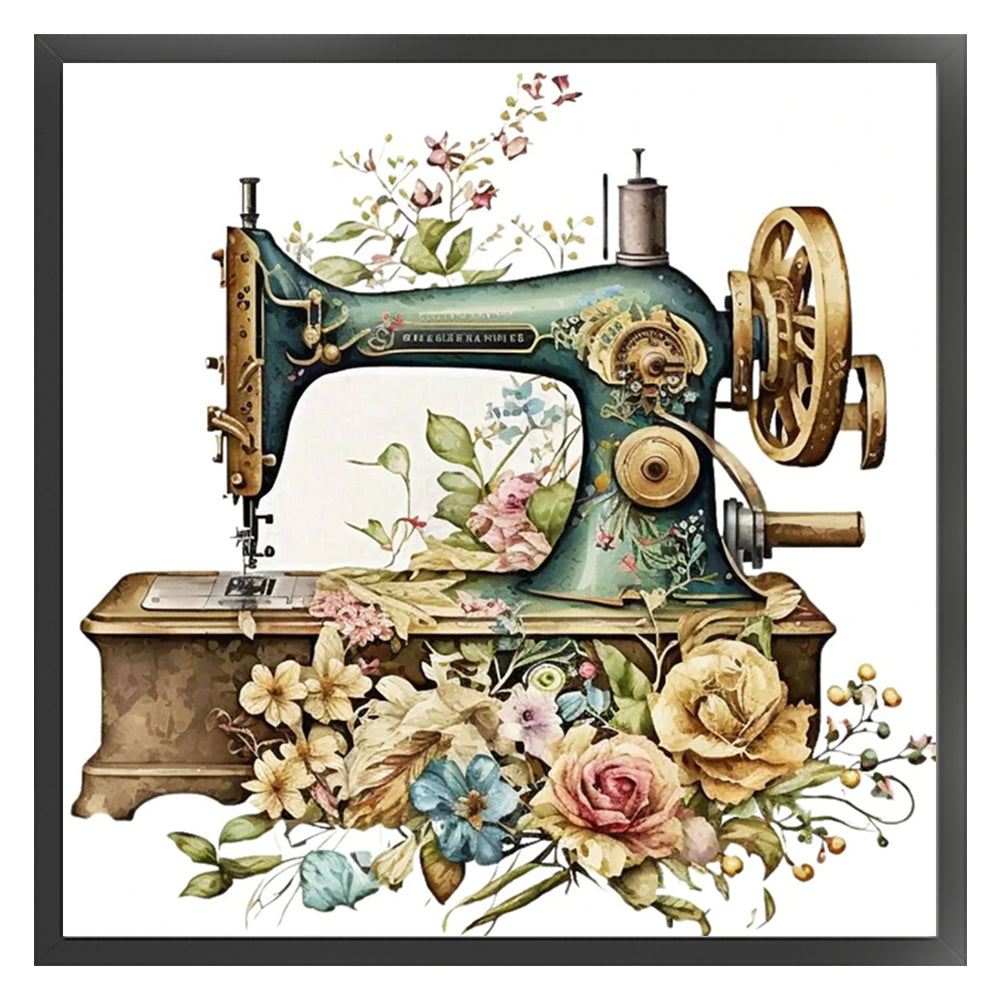 Retro Flower Sewing Machine - 14CT Stamped Cross Stitch 40*40CM