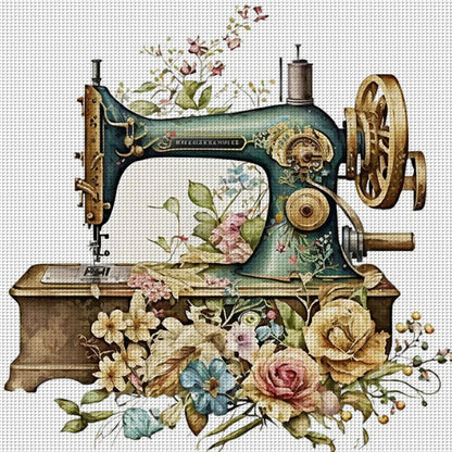 Retro Flower Sewing Machine - 14CT Stamped Cross Stitch 40*40CM