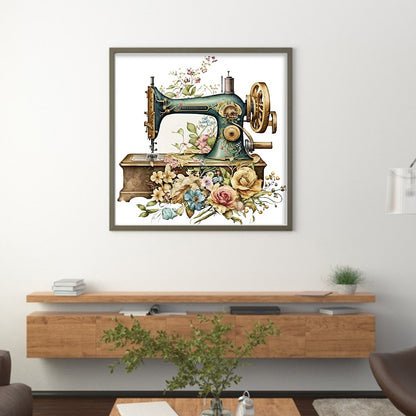 Retro Flower Sewing Machine - 14CT Stamped Cross Stitch 40*40CM