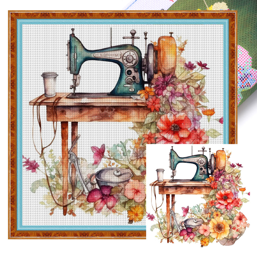 Retro Flower Sewing Machine - 14CT Stamped Cross Stitch 40*40CM