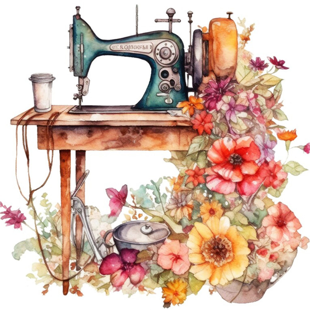 Retro Flower Sewing Machine - 14CT Stamped Cross Stitch 40*40CM