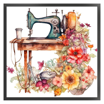 Retro Flower Sewing Machine - 14CT Stamped Cross Stitch 40*40CM