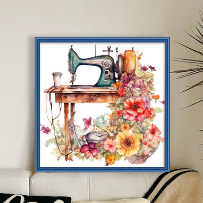 Retro Flower Sewing Machine - 14CT Stamped Cross Stitch 40*40CM