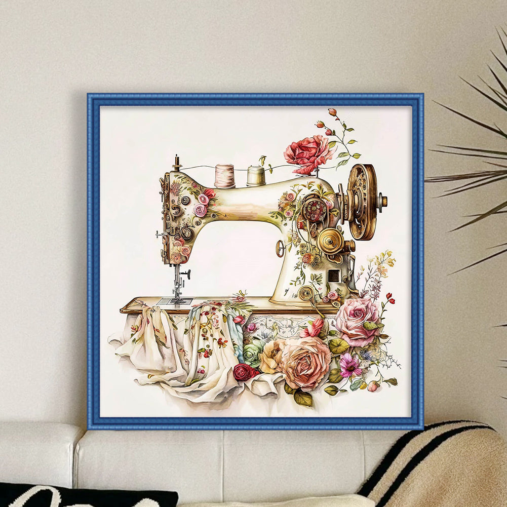 Retro Flower Sewing Machine - 14CT Stamped Cross Stitch 40*40CM