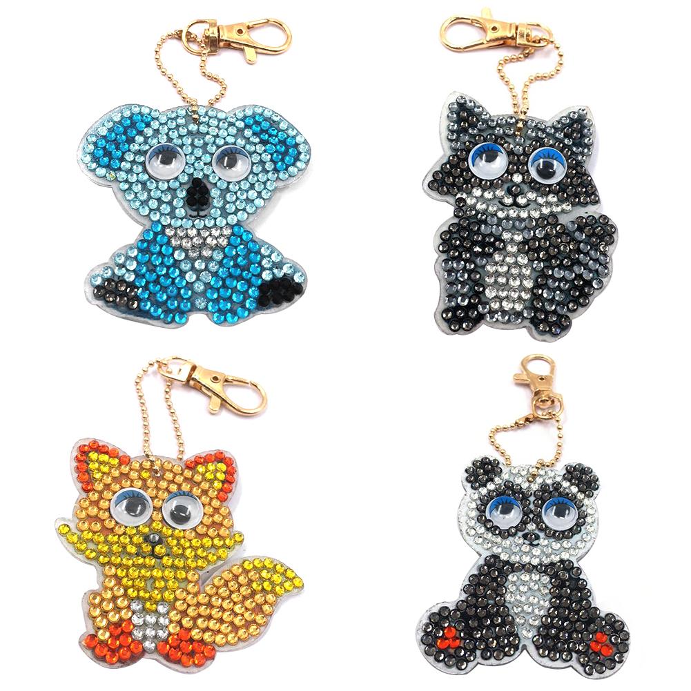 4pcs/set DIY Full Drill Diamond Painting Cartoon Animal Key Chain Jewelry