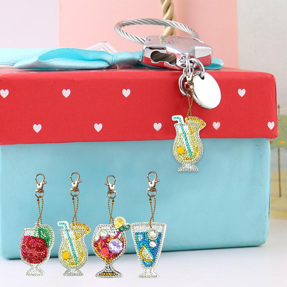 4pcs DIY Full Drill Special Shaped Diamond Painting Juice Bag Keychain Gift