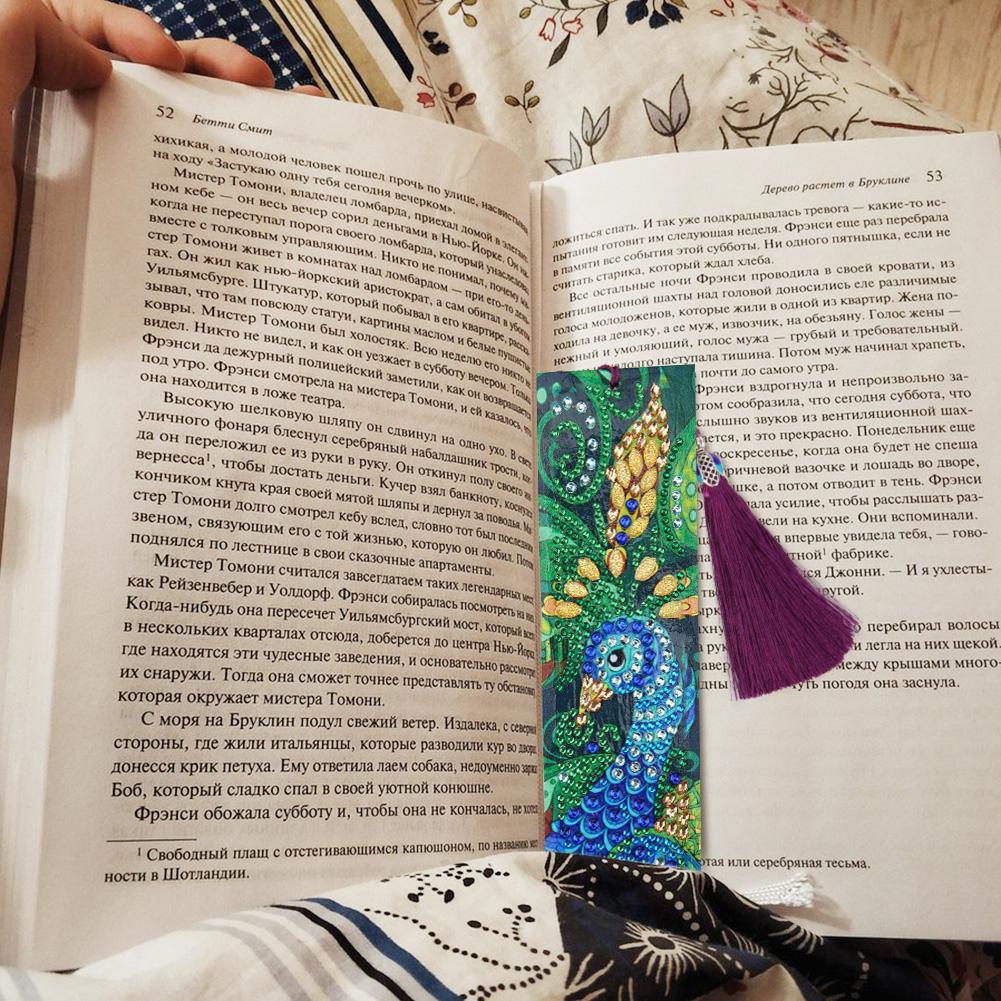 DIY Peafowl Special Shaped Diamond Painting Leather Tassel Bookmark Crafts