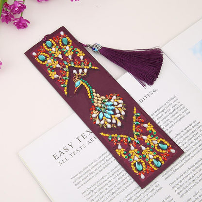 DIY Peafowl Special Shaped Diamond Painting Leather Bookmark with Tassel