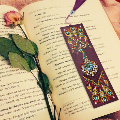 DIY Peafowl Special Shaped Diamond Painting Leather Bookmark with Tassel