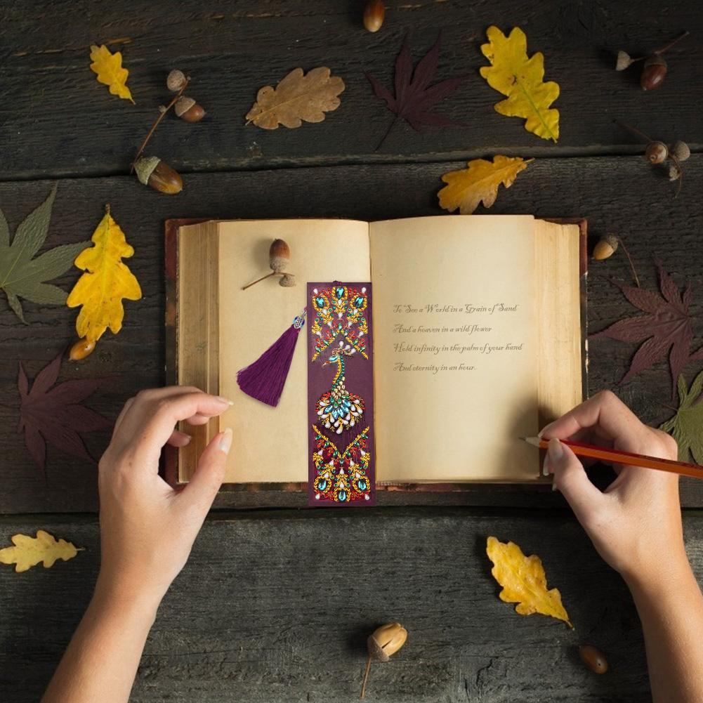 DIY Peafowl Special Shaped Diamond Painting Leather Bookmark with Tassel