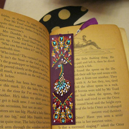 DIY Peafowl Special Shaped Diamond Painting Leather Bookmark with Tassel