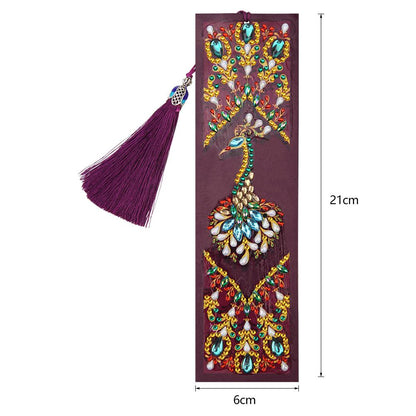 DIY Peafowl Special Shaped Diamond Painting Leather Bookmark with Tassel