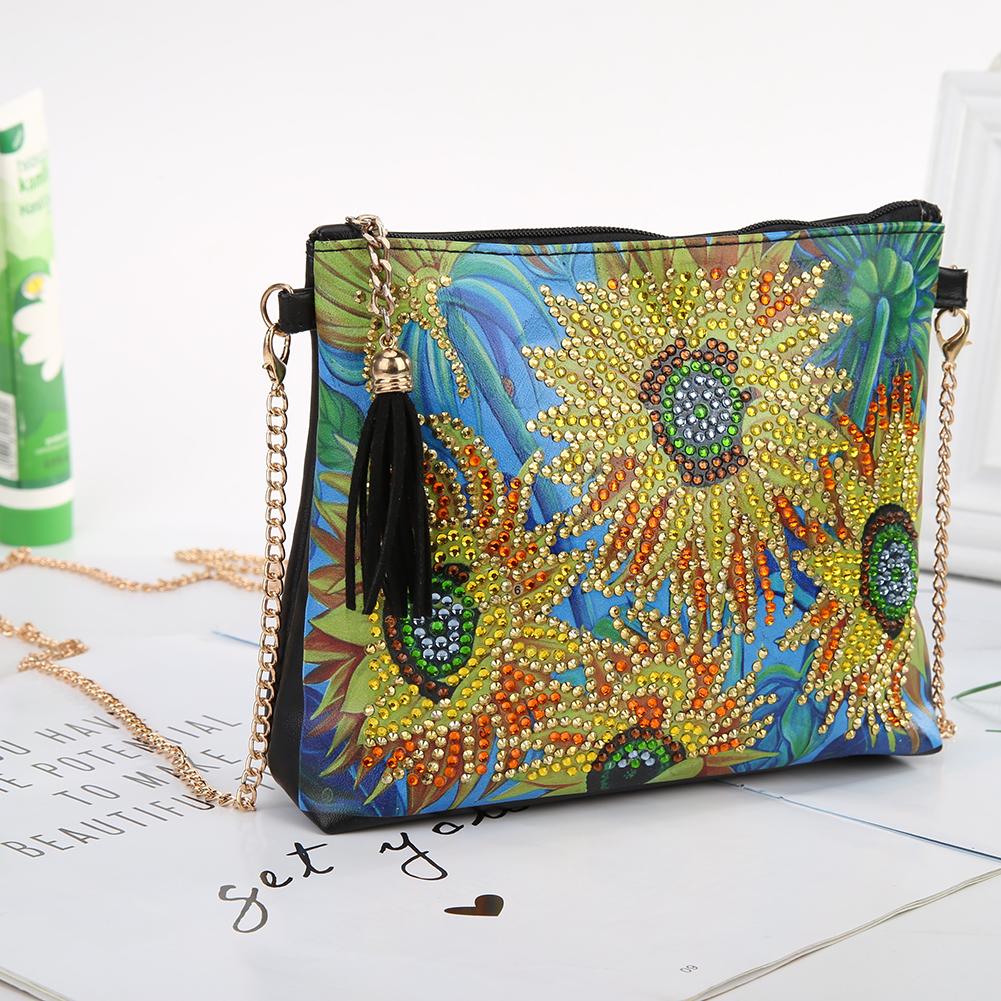 DIY Sunflower Special Shaped Diamond Painting Leather Chain Shoulder Bags