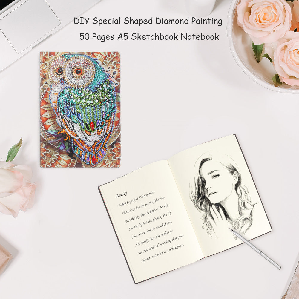 DIY Owl Special Shaped Diamond Painting 50 Pages A5 Notebook Sketchbook