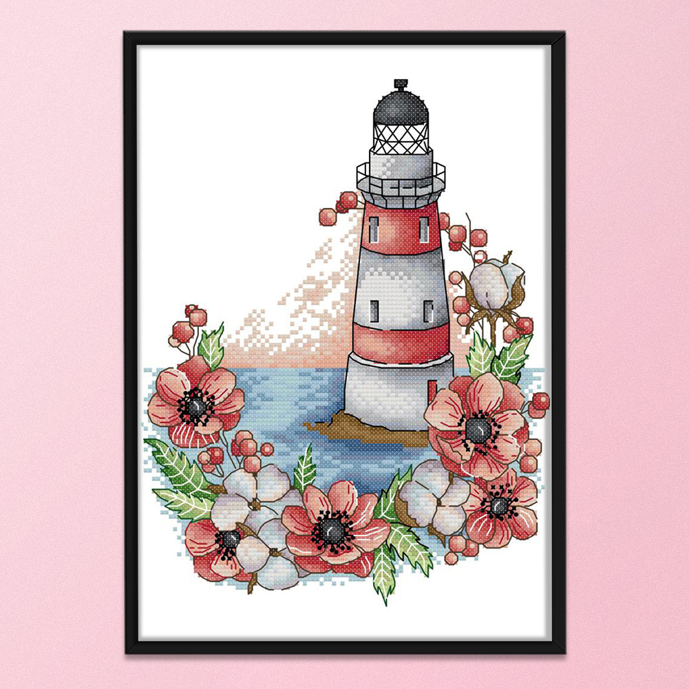 Flowers Lighthouse - 14CT Stamped Cross Stitch 22 *30CM