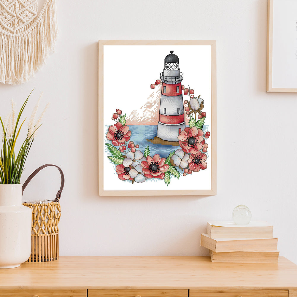 Flowers Lighthouse - 14CT Stamped Cross Stitch 22 *30CM