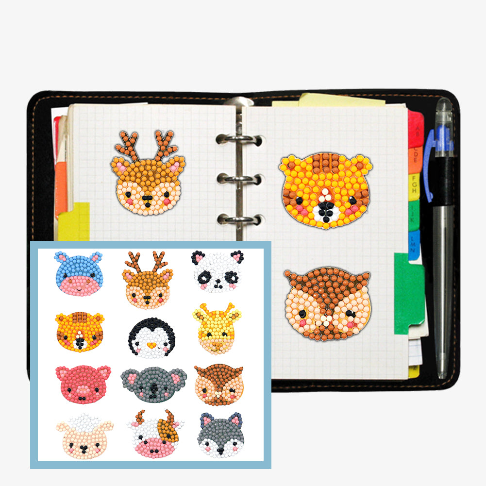 12pcs Colorful Animal Head Self-adhesive Rhinestone Painting Kit Stickers