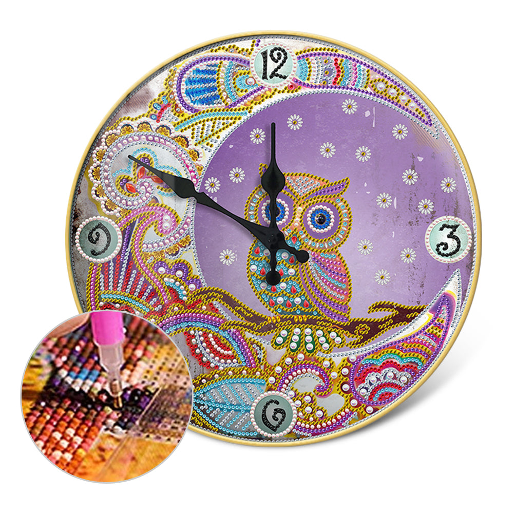 DIY Owl Special Shaped Rhinestones Round Metal Tin Diamond Painting Clock