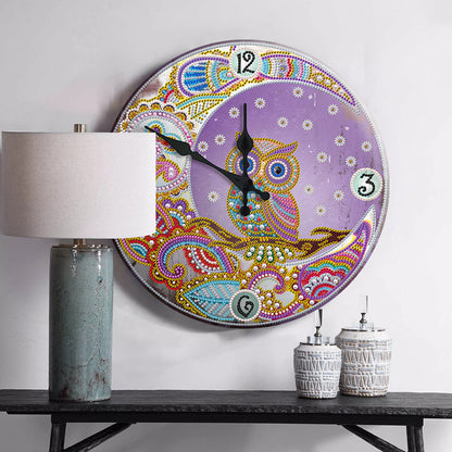 DIY Owl Special Shaped Rhinestones Round Metal Tin Diamond Painting Clock