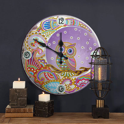 DIY Owl Special Shaped Rhinestones Round Metal Tin Diamond Painting Clock