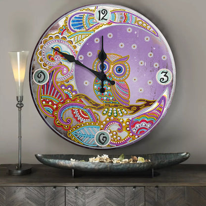 DIY Owl Special Shaped Rhinestones Round Metal Tin Diamond Painting Clock