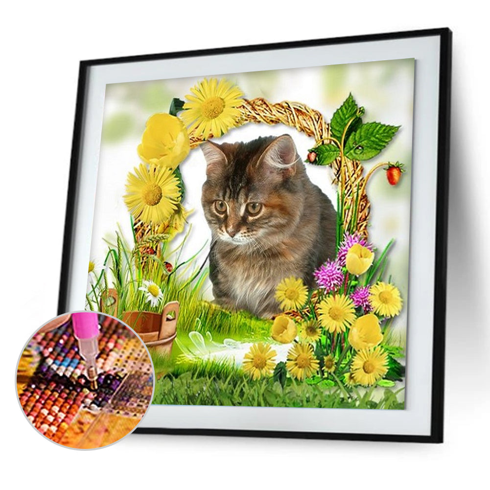 Cat Flowers - Full Round Drill Diamond Painting 30*30CM