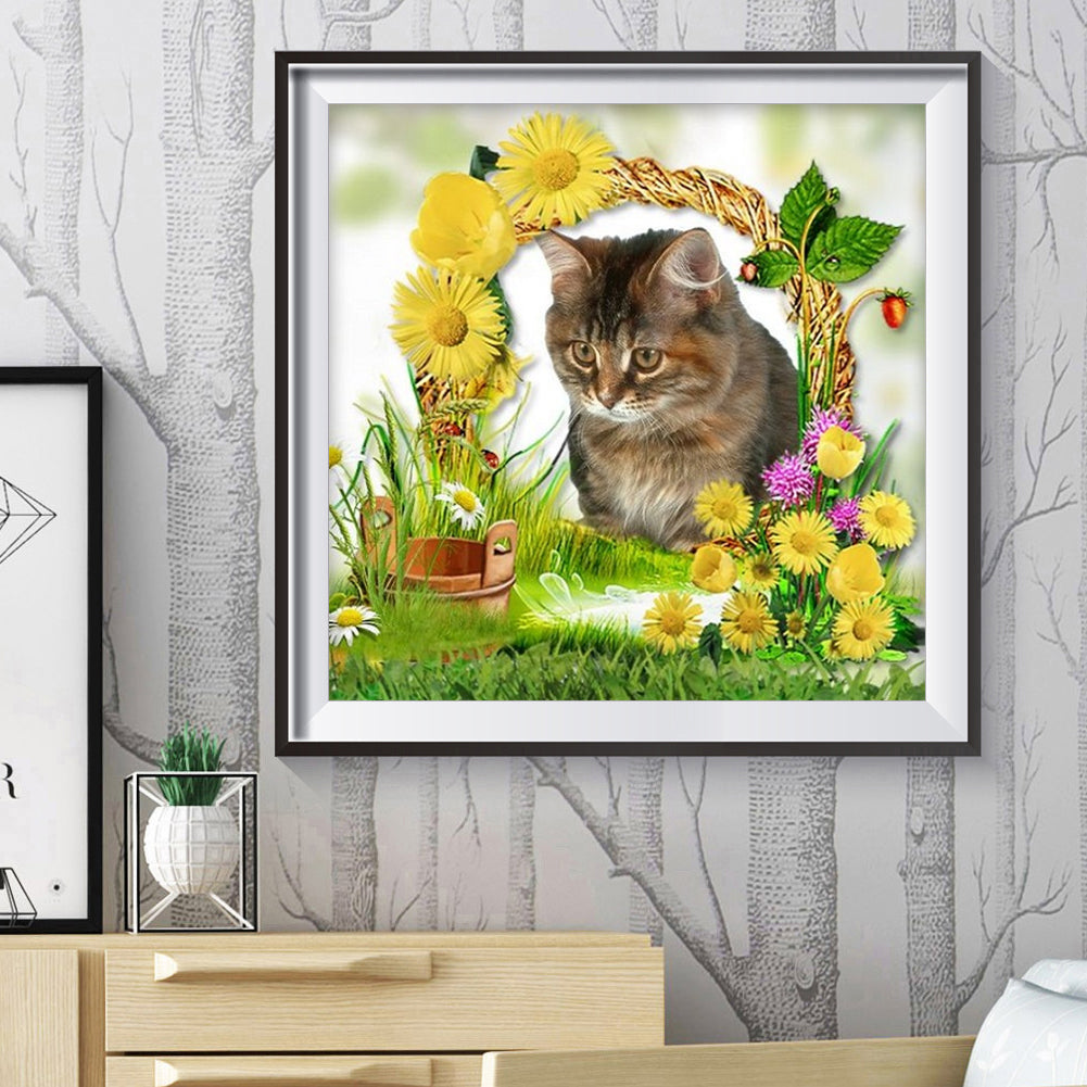 Cat Flowers - Full Round Drill Diamond Painting 30*30CM