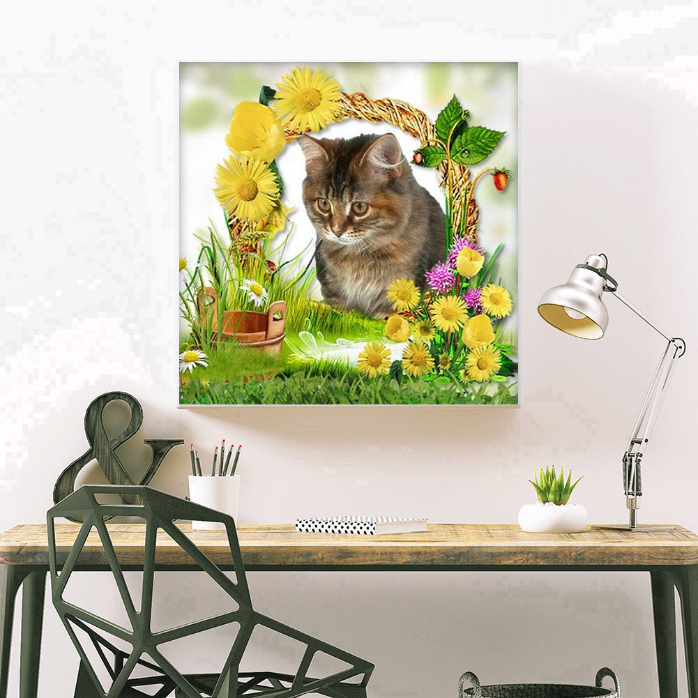 Cat Flowers - Full Round Drill Diamond Painting 30*30CM