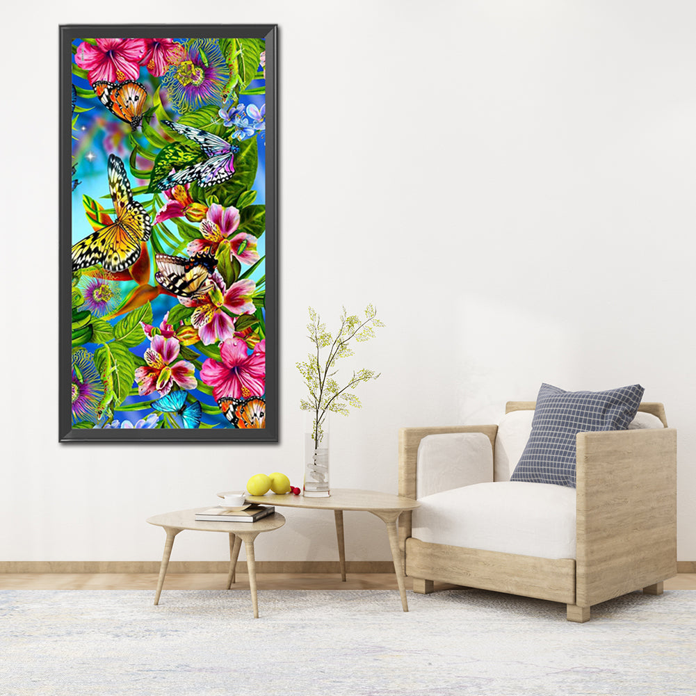 Flower Butterfly - Full Round Drill Diamond Painting 40*80CM