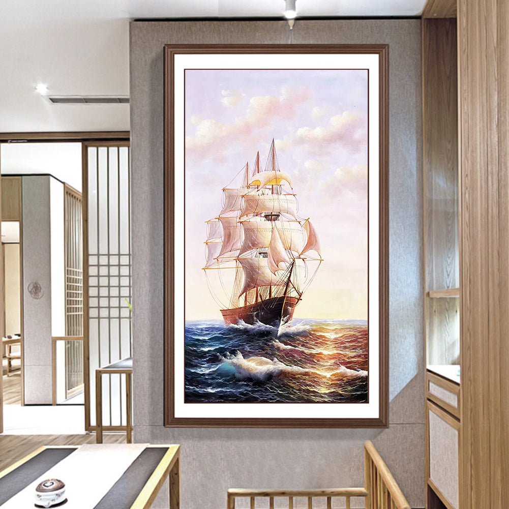 Ship Landscape - Full Round Drill Diamond Painting 40*80CM