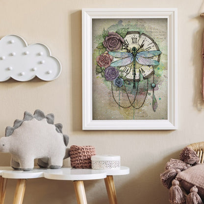 Dragonfly Clock - Full Round Drill Diamond Painting 30*40CM