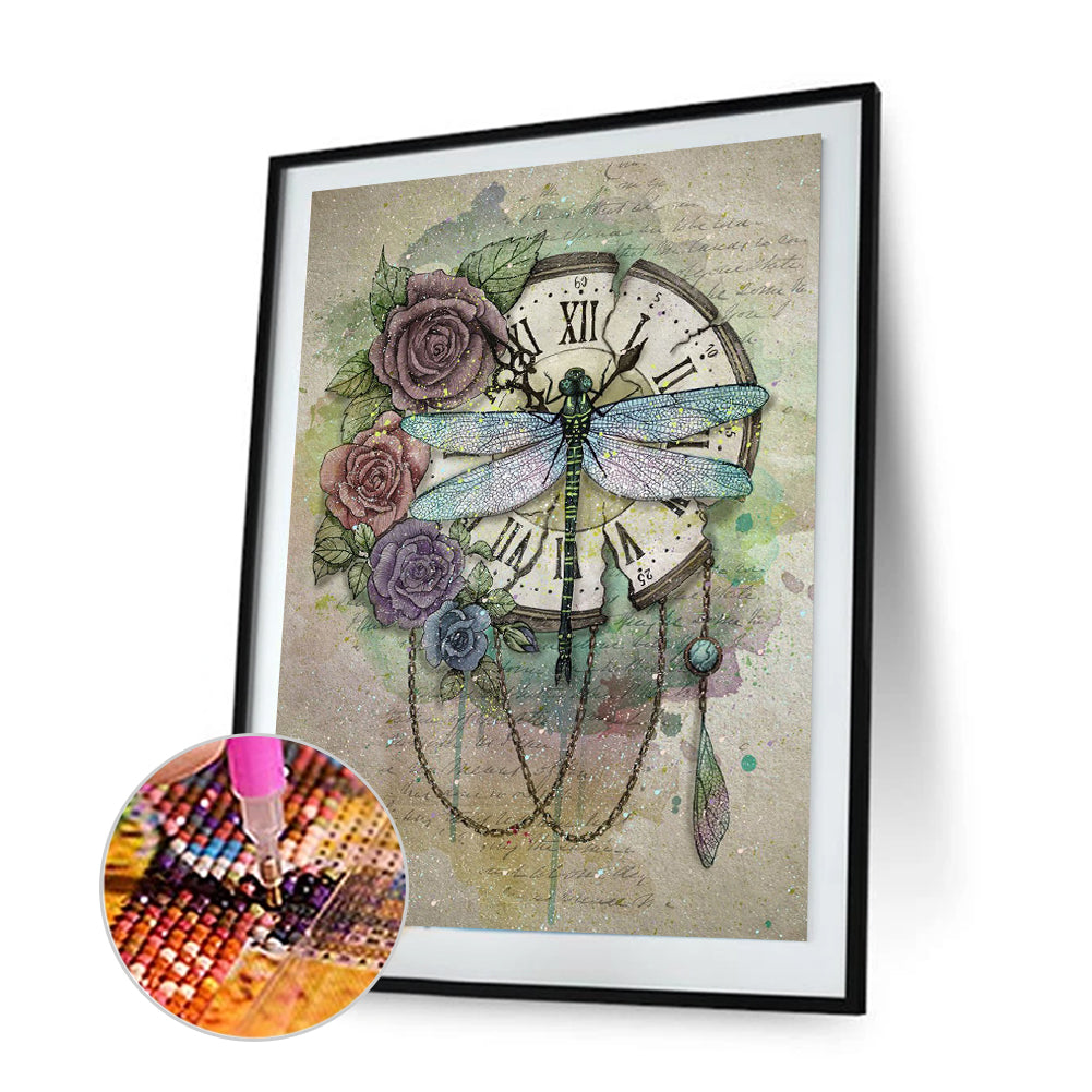 Dragonfly Clock - Full Round Drill Diamond Painting 30*40CM