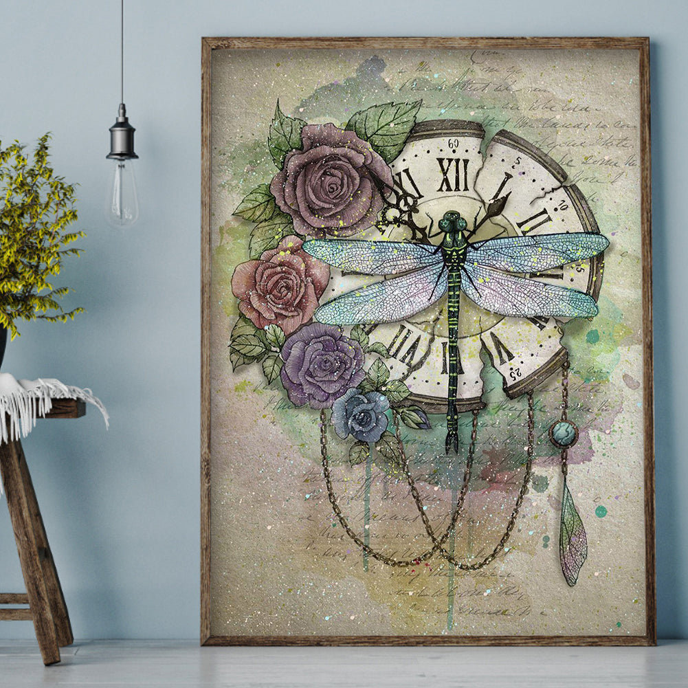 Dragonfly Clock - Full Round Drill Diamond Painting 30*40CM