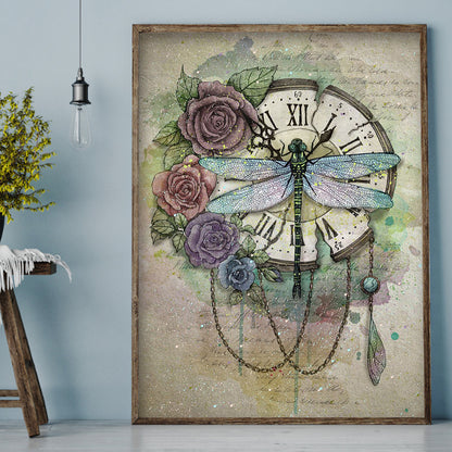 Dragonfly Clock - Full Round Drill Diamond Painting 30*40CM