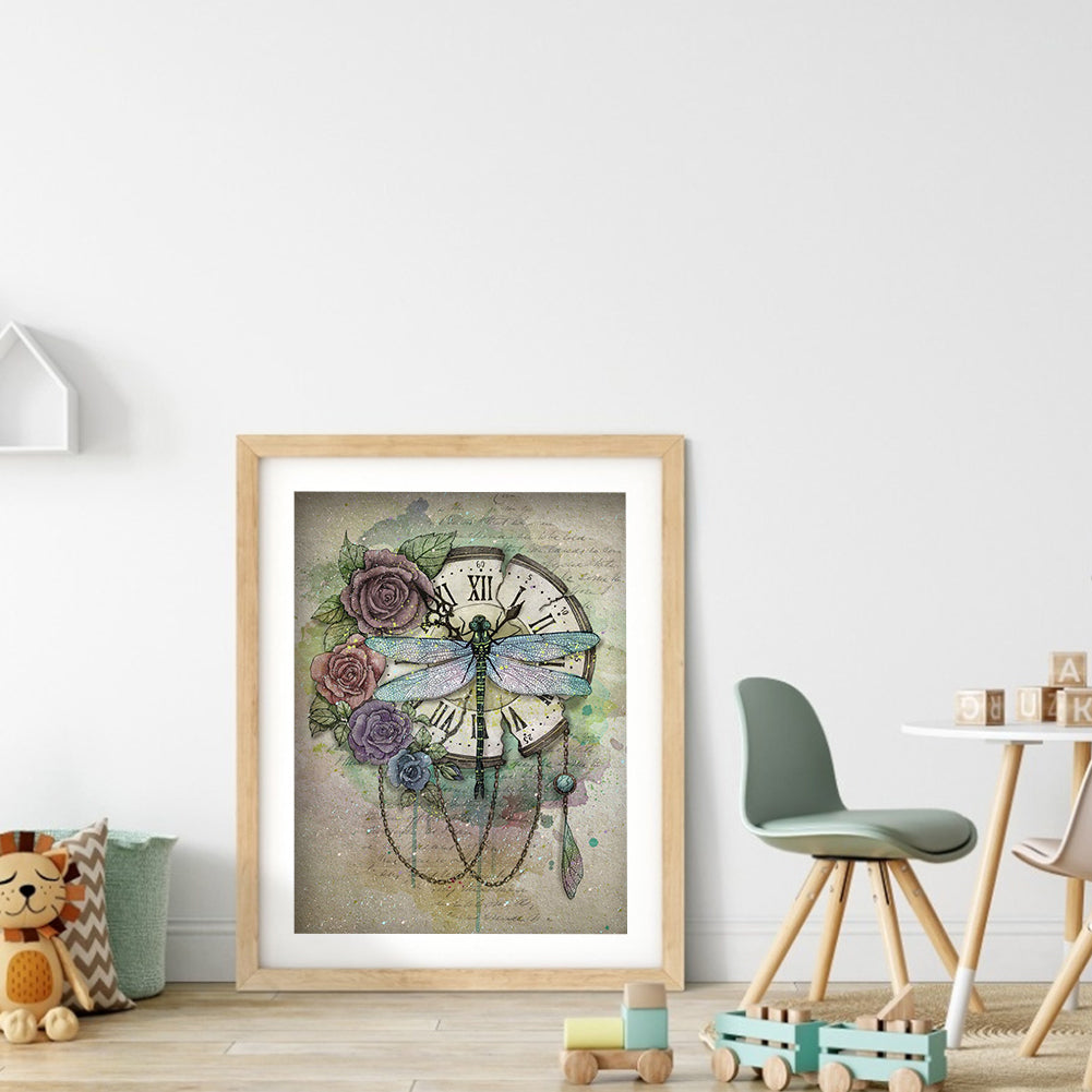 Dragonfly Clock - Full Round Drill Diamond Painting 30*40CM