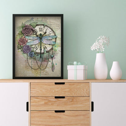Dragonfly Clock - Full Round Drill Diamond Painting 30*40CM