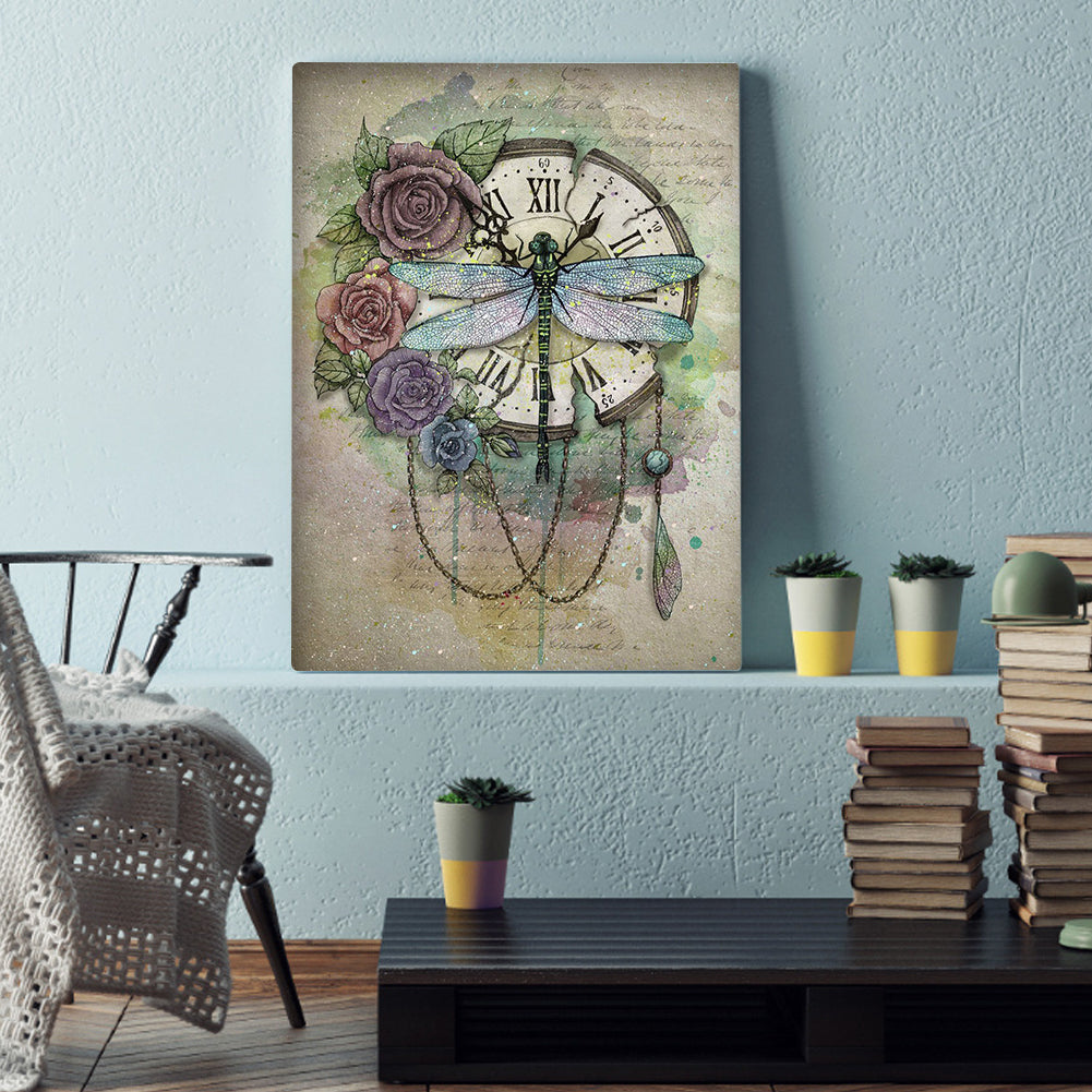 Dragonfly Clock - Full Round Drill Diamond Painting 30*40CM
