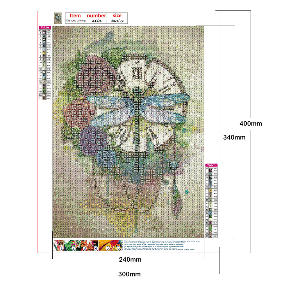 Dragonfly Clock - Full Round Drill Diamond Painting 30*40CM