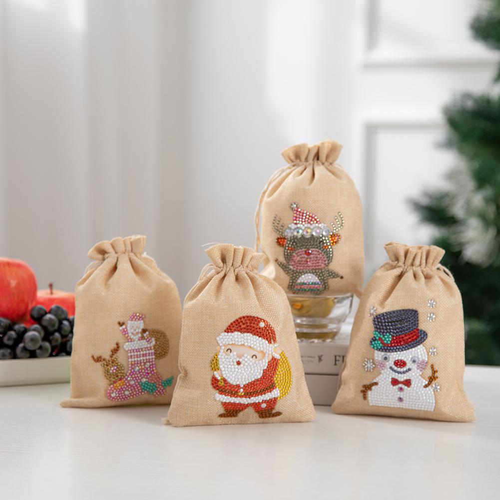 4pcs Diamond Painting Christmas Linen Gift Bag Cartoon Home Decor (FD001)