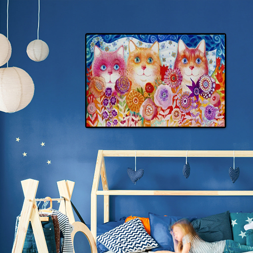 Cats Flowers - Full Round Drill Diamond Painting 50*30CM