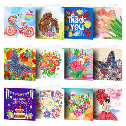 12pcs DIY Diamond Painting Greeting Cards Mosaic Thanks Birthday Postcards