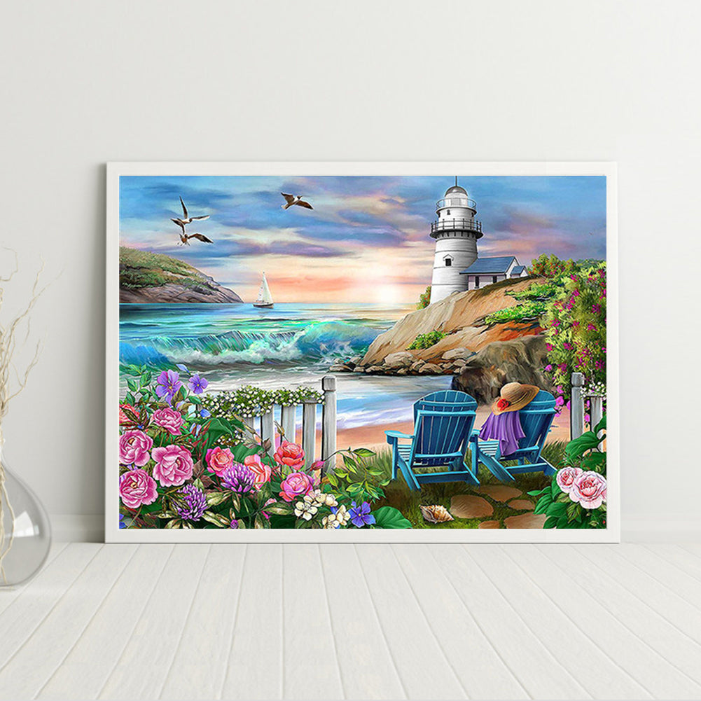 Flowers Lighthouse - Full Round Drill Diamond Painting 60*50CM