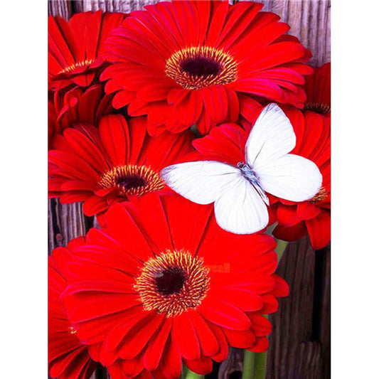 Red Flower White Butterfly - Full Round Drill Diamond Painting 30*40CM