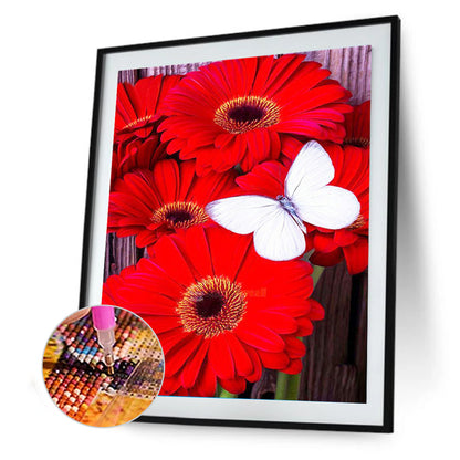 Red Flower White Butterfly - Full Round Drill Diamond Painting 30*40CM