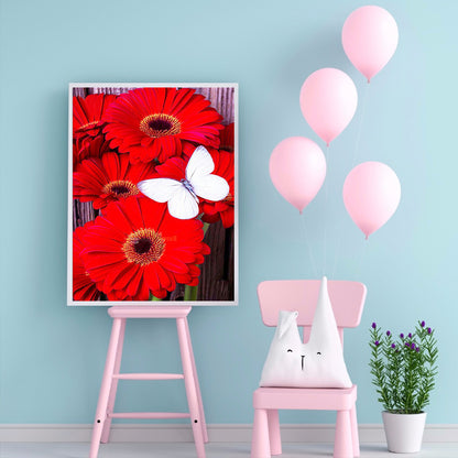 Red Flower White Butterfly - Full Round Drill Diamond Painting 30*40CM