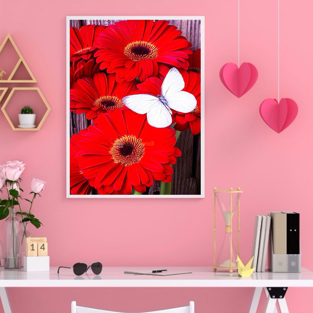 Red Flower White Butterfly - Full Round Drill Diamond Painting 30*40CM