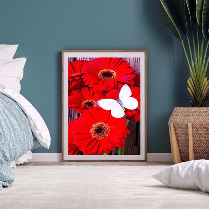 Red Flower White Butterfly - Full Round Drill Diamond Painting 30*40CM